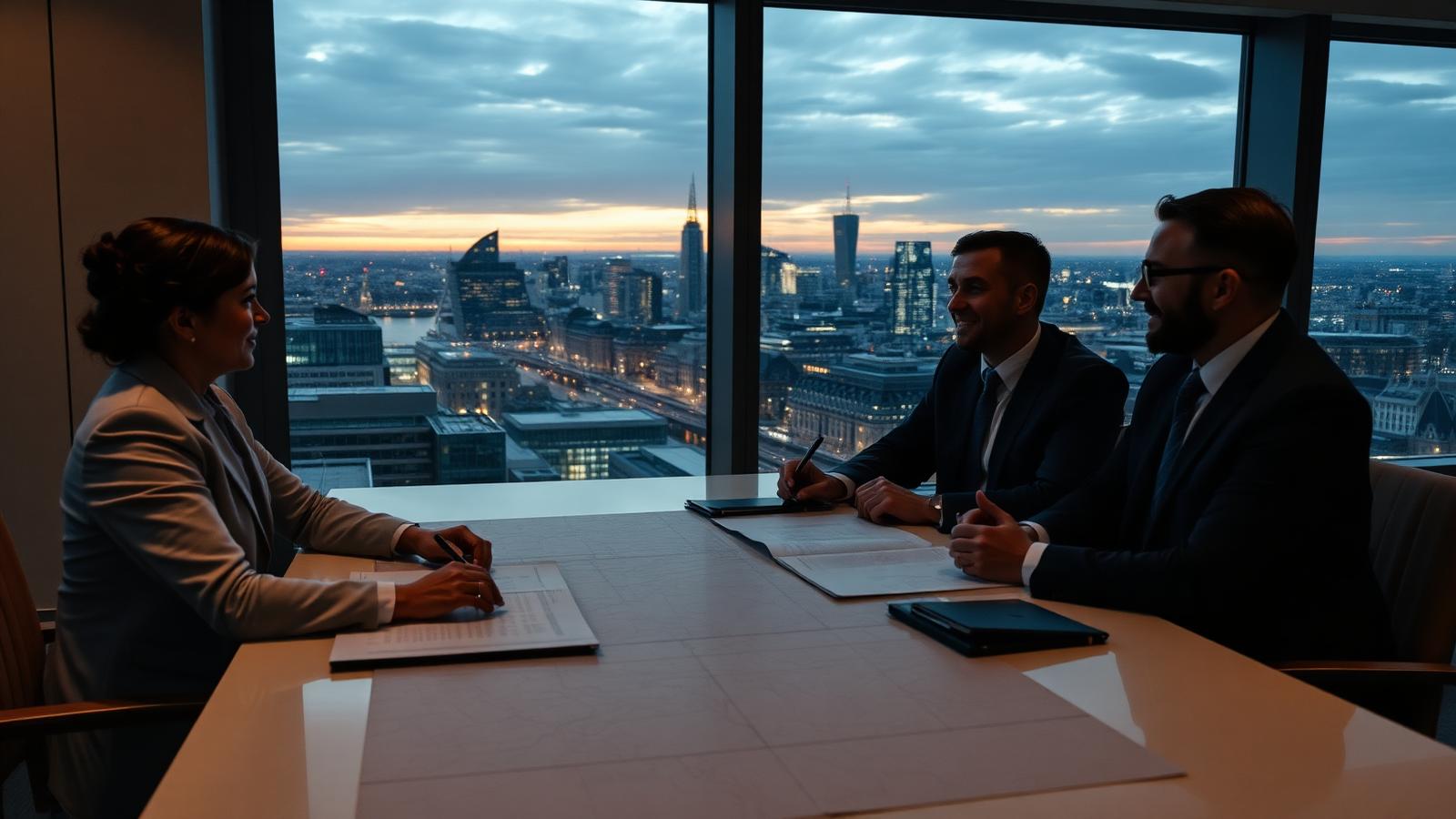 International executives comparing European hub locations on a wall map in a strategy meeting