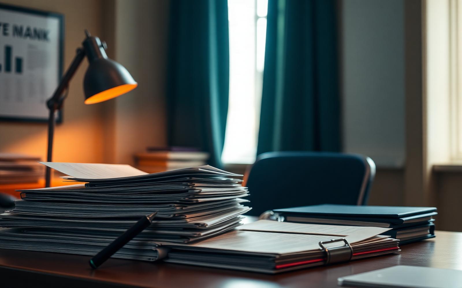 Compliance analyst reviewing onboarding documentation on a desk with a laptop
